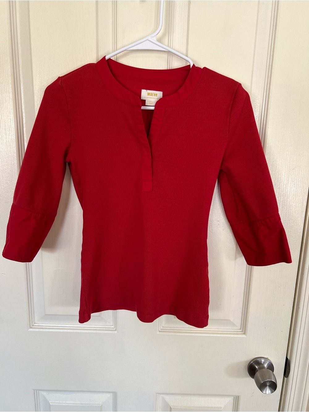 Maeve Anthropologie Red Ribbed Mixed Media Bell Sleeve Top XS